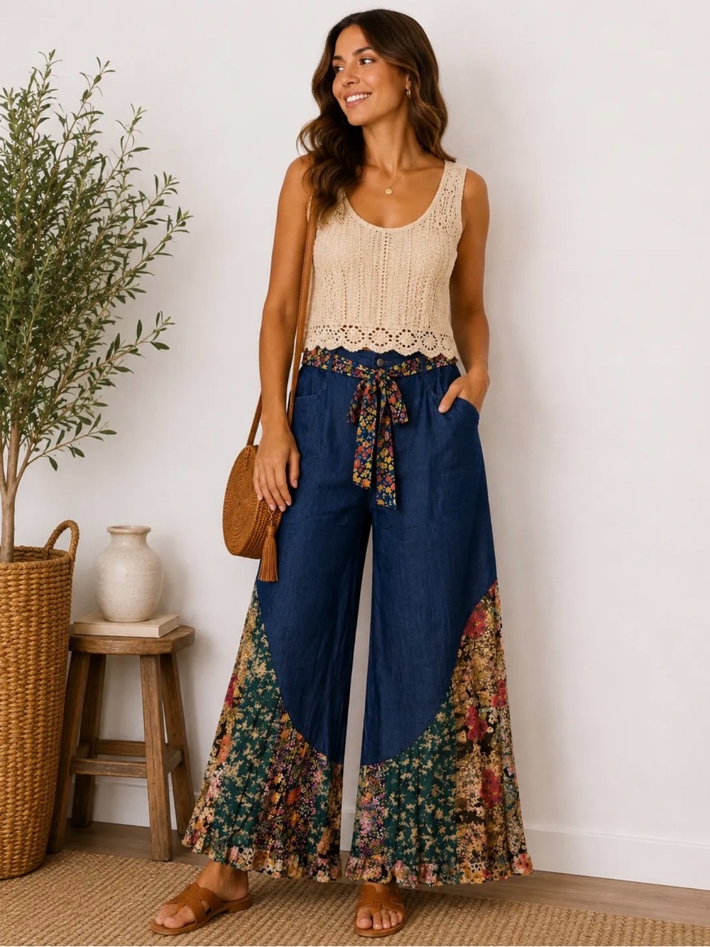 Boho Wide-Leg Floral Patchwork Pants in Navy and Multicolor